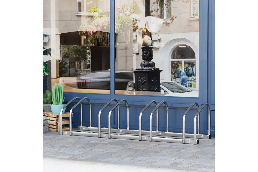 Homcom 4-Bike Floor Stand and Outdoor Bike Rack | Silver Homcom 4-Bike Floor Stand and Outdoor Bike Rack | Silver