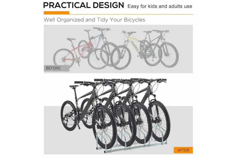 Homcom 4-Bike Floor Stand and Outdoor Bike Rack | Silver Homcom 4-Bike Floor Stand and Outdoor Bike Rack | Silver
