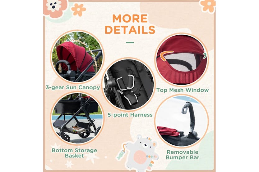 Homcom 2-in-1 Foldable Baby Stroller Pram with Reversible Seat | Red/Black Homcom 2-in-1 Foldable Baby Stroller Pram with Reversible Seat | Red/Black