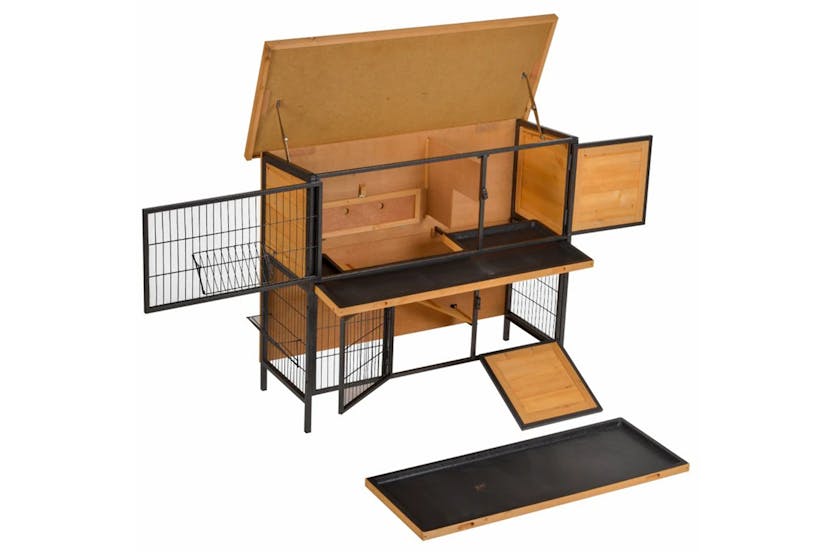 PaWhut Wooden Rabbit Hutch for Outdoor Slide-Out Tray | Light Yellow/Black PaWhut Wooden Rabbit Hutch for Outdoor Slide-Out Tray | Light Yellow/Black