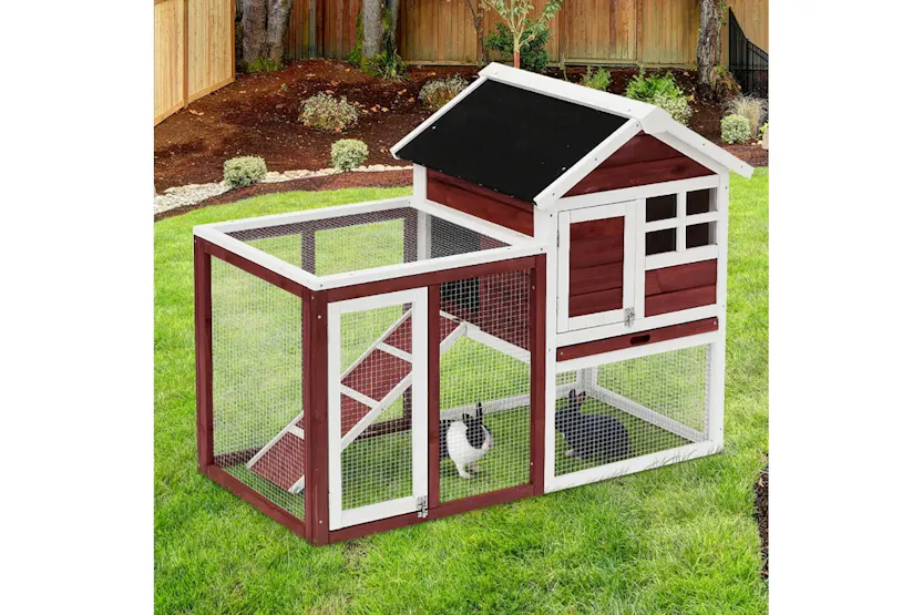 PawHut Wooden Rabbit Hutch with Waterproof Asphalt Roof | Brown/White PawHut Wooden Rabbit Hutch with Waterproof Asphalt Roof | Brown/White