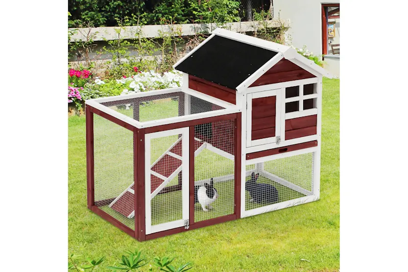 PawHut Wooden Rabbit Hutch with Waterproof Asphalt Roof | Brown/White PawHut Wooden Rabbit Hutch with Waterproof Asphalt Roof | Brown/White