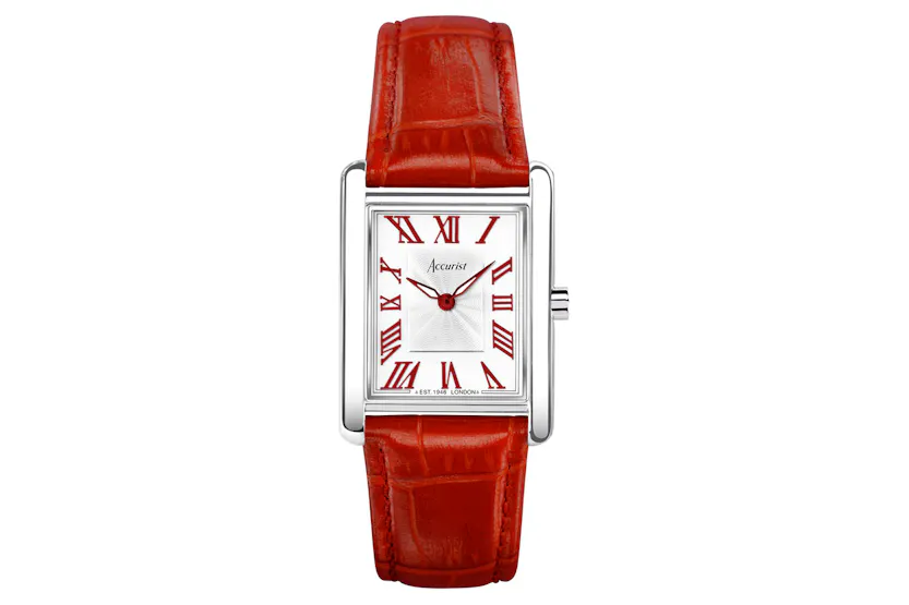 Accurist Rectangle Ladies Watch | Silver Case & Red Leather Strap With White Dial | 26mm Accurist Rectangle Ladies Watch | Silver Case & Red Leather Strap With White Dial | 26mm