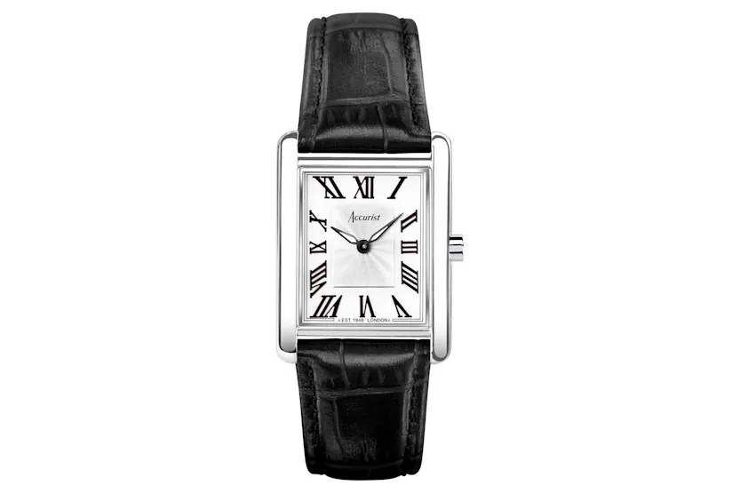 Accurist Rectangle Ladies Watch | Silver Case & Black Leather Strap With White Dial | 26mm Accurist Rectangle Ladies Watch | Silver Case & Black Leather Strap With White Dial | 26mm