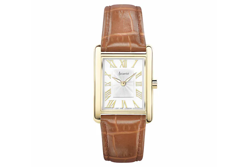Accurist Rectangle Ladies Watch | Gold Case & Tan Leather Strap with White Dial | 26mm Accurist Rectangle Ladies Watch | Gold Case & Tan Leather Strap with White Dial | 26mm