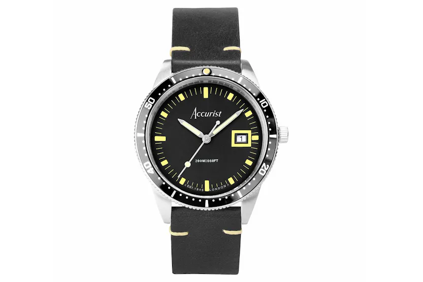 Accurist Dive Men's Watch | Silver Case & Black Leather Strap with Black Dial | 42mm Accurist Dive Men's Watch | Silver Case & Black Leather Strap with Black Dial | 42mm