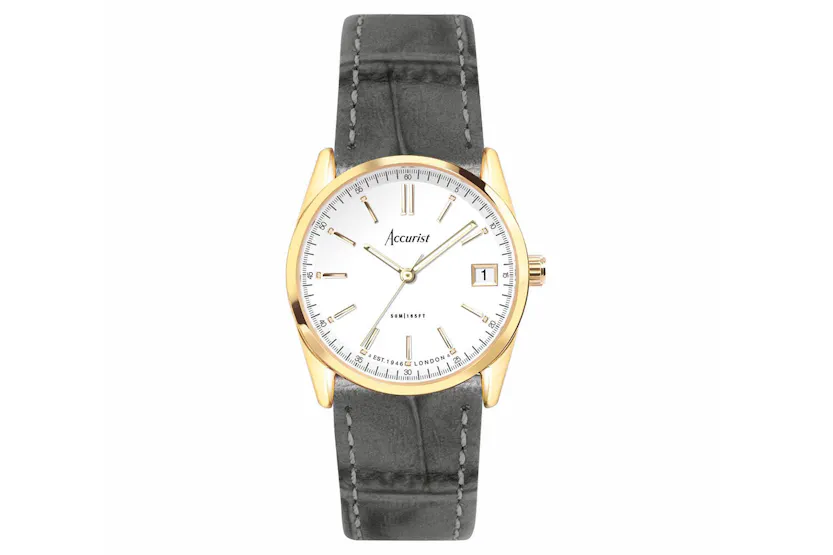 Accurist Everyday Ladies Watch | Gold Case & Grey Leather Strap with White Dial | 30mm Accurist Everyday Ladies Watch | Gold Case & Grey Leather Strap with White Dial | 30mm