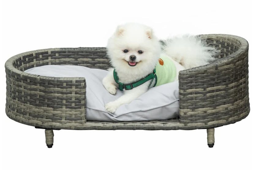 PawHut Wicker Dog Sofa with Water Resistant Cushion | Brown/Grey PawHut Wicker Dog Sofa with Water Resistant Cushion | Brown/Grey