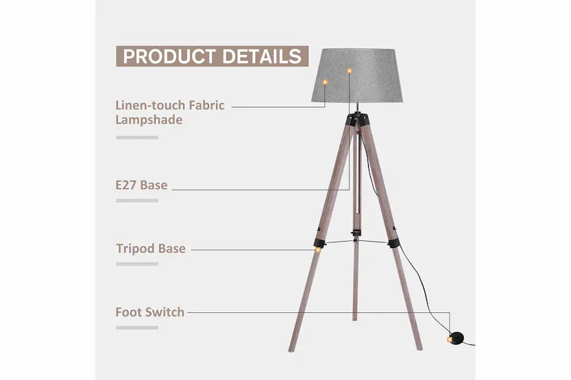 Homcom | Mid Century Tripod Floor Lamp | Grey/Natural Homcom | Mid Century Tripod Floor Lamp | Grey/Natural