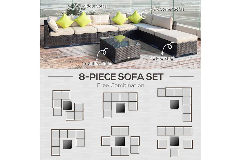 Outsunny Rattan Sofa Set | Brown | Set of 8 Outsunny Rattan Sofa Set | Brown | Set of 8