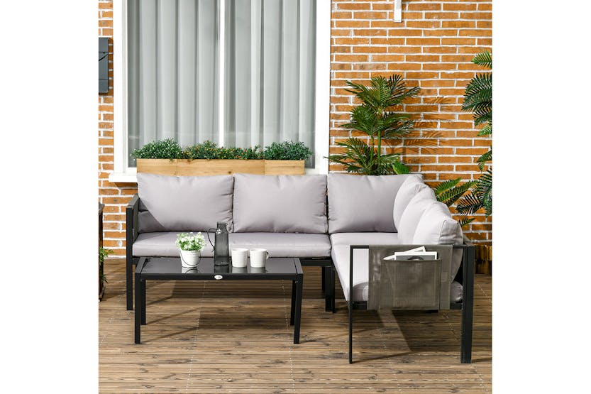 Outsunny Metal Garden Furniture Set with Glass Table & Mesh Pockets | 4 Pieces Outsunny Metal Garden Furniture Set with Glass Table & Mesh Pockets | 4 Pieces