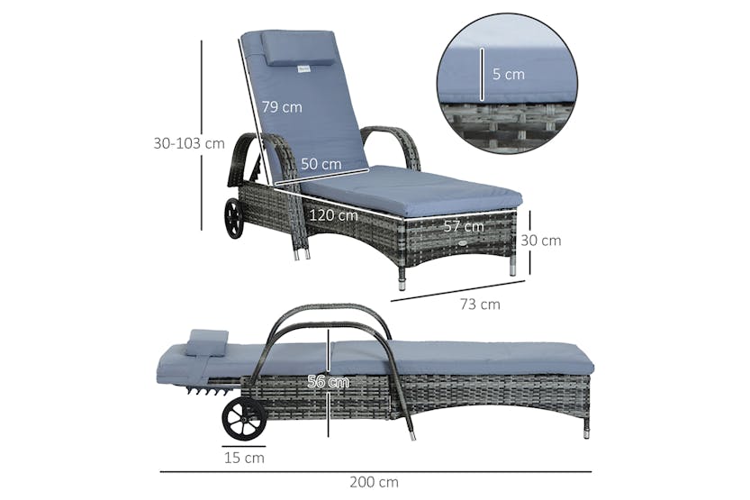 Outsunny Adjustable Rattan Sun Lounger | Grey Outsunny Adjustable Rattan Sun Lounger | Grey