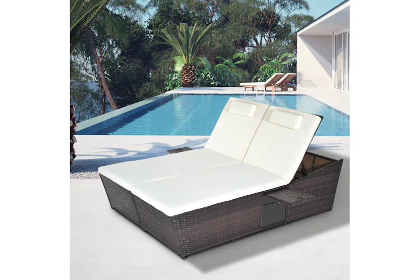 Outsunny 2 Seater Rattan Day Bed with Retractable Tray | Cream White Outsunny 2 Seater Rattan Day Bed with Retractable Tray | Cream White