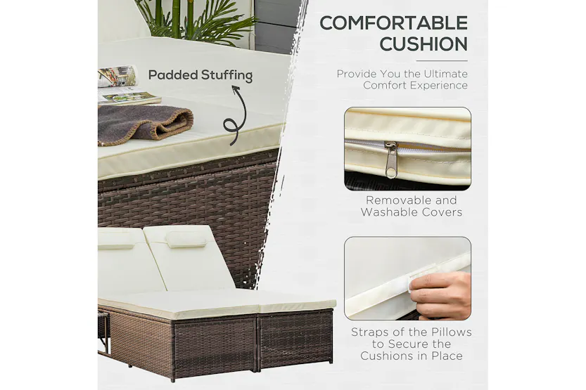 Outsunny 2 Seater Rattan Day Bed with Retractable Tray | Cream White Outsunny 2 Seater Rattan Day Bed with Retractable Tray | Cream White