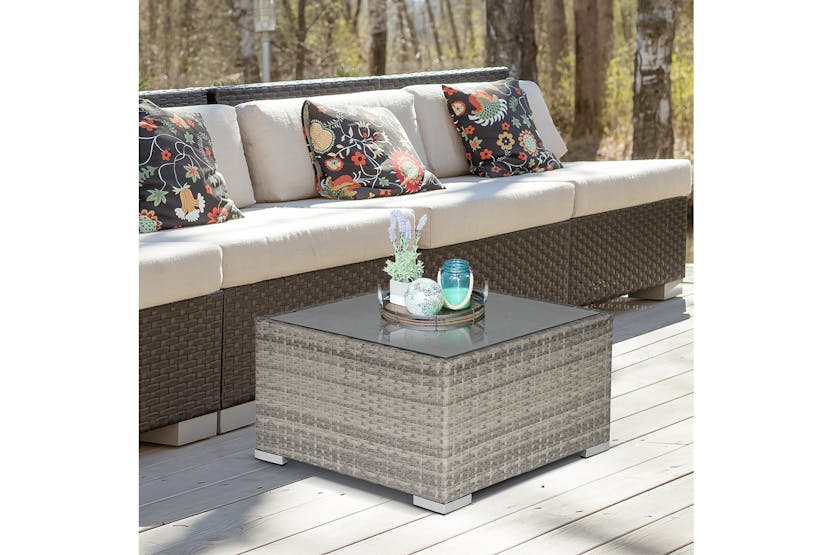 Outsunny Patio Wicker Coffee Table with Glass Top | Grey Outsunny Patio Wicker Coffee Table with Glass Top | Grey