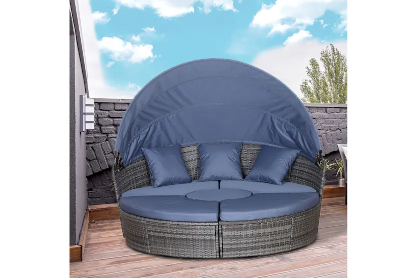 Outsunny 6 Seater Rattan Sun Bed Furniture Set | Grey/Blue | 5 Pieces Outsunny 6 Seater Rattan Sun Bed Furniture Set | Grey/Blue | 5 Pieces