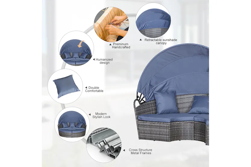 Outsunny 6 Seater Rattan Sun Bed Furniture Set | Grey/Blue | 5 Pieces Outsunny 6 Seater Rattan Sun Bed Furniture Set | Grey/Blue | 5 Pieces