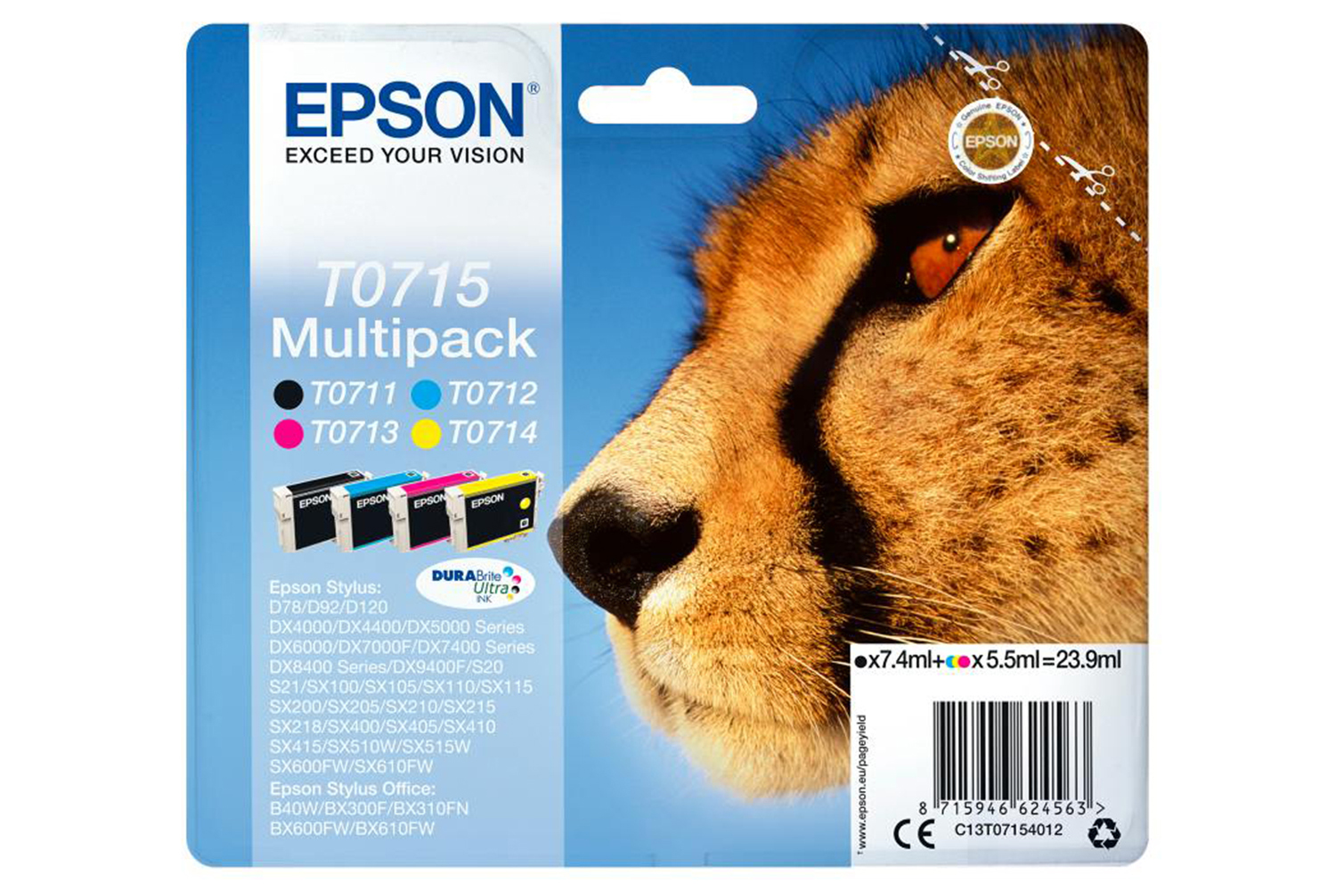 Epson T0715 Cheetah Durabrite Ultra Ink Cartridge | Multipack | 4-Colours