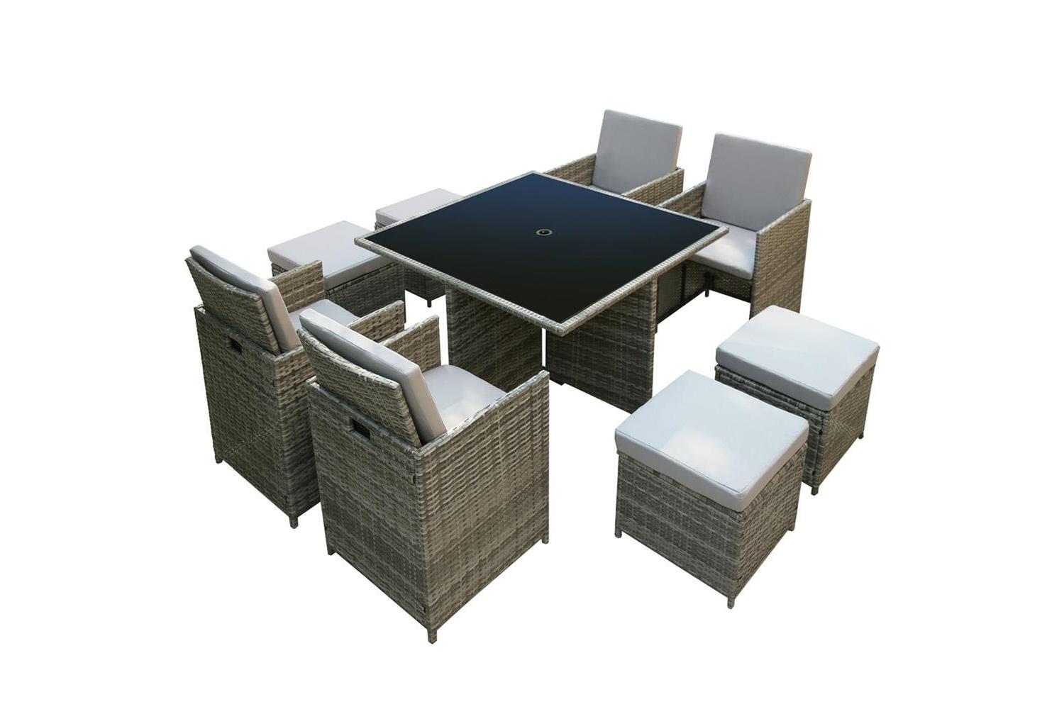 Hera Deluxe Rattan 8 Seater Dining Cube Garden Furniture Patio Set W/ Parasol Hole - Grey