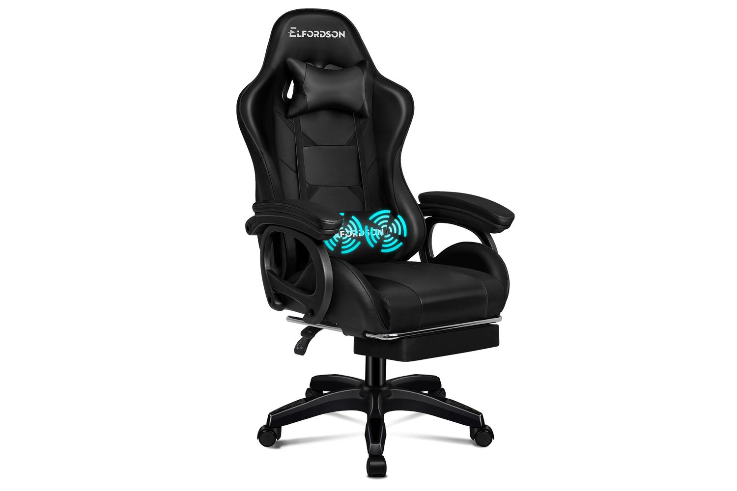 Elfordson Gaming Chair with 2-Point Massage Lumbar Support | Black