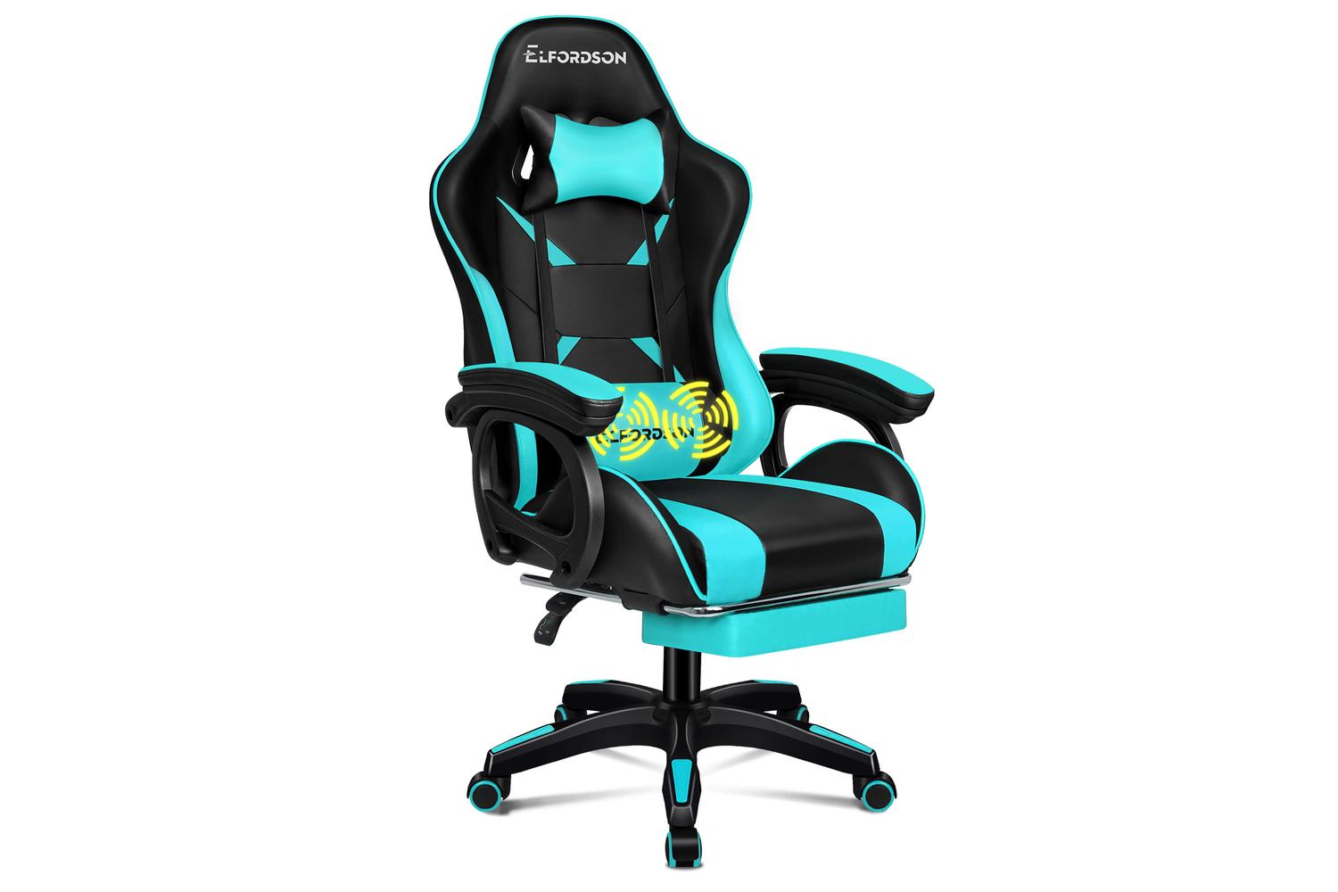 Elfordson Gaming Chair with 2-Point Massage Cushion | Black/Cyan