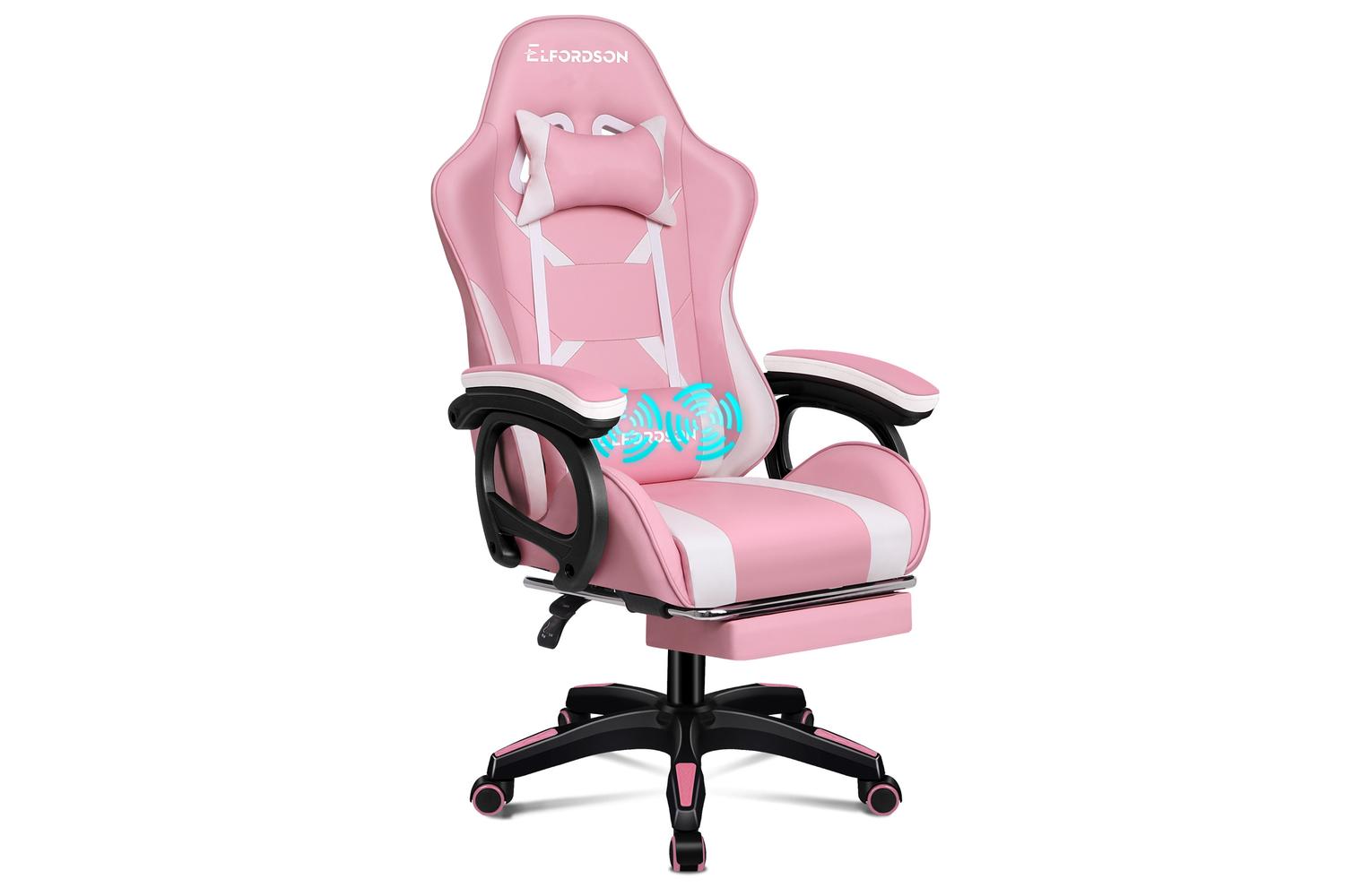 Elfordson Gaming Chair with 2-Point Massage Cushion | Pink/White