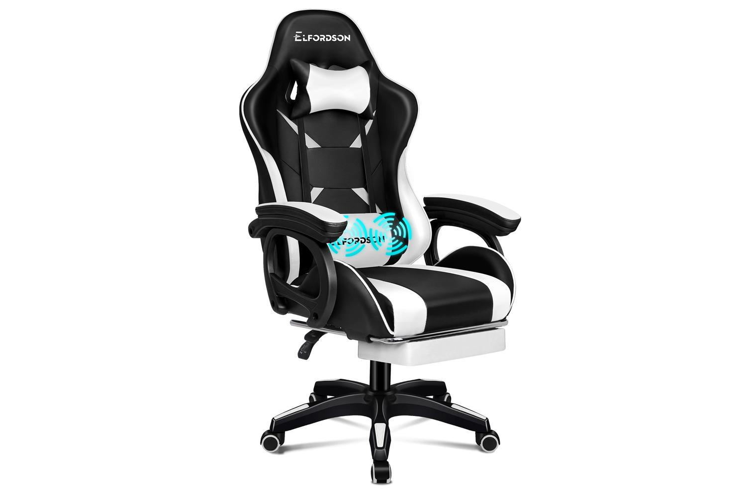 Elfordson Gaming Chair with 2-Point Massage Cushion | White/Black