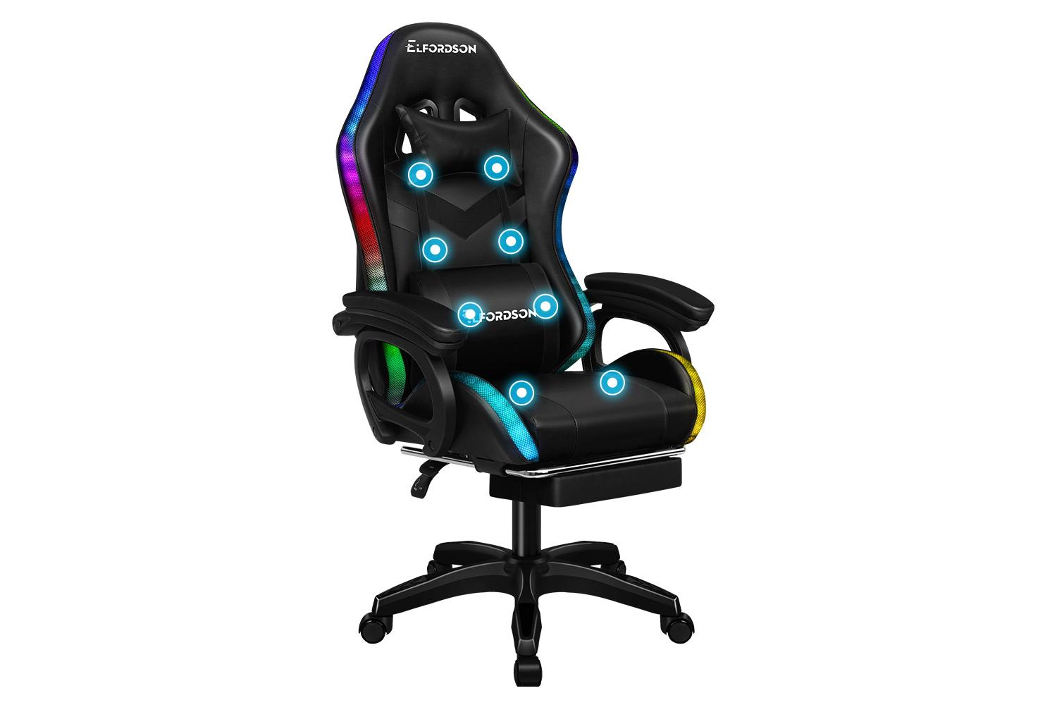 Elfordson LED Gaming Chair with 8-Point Massage | Black