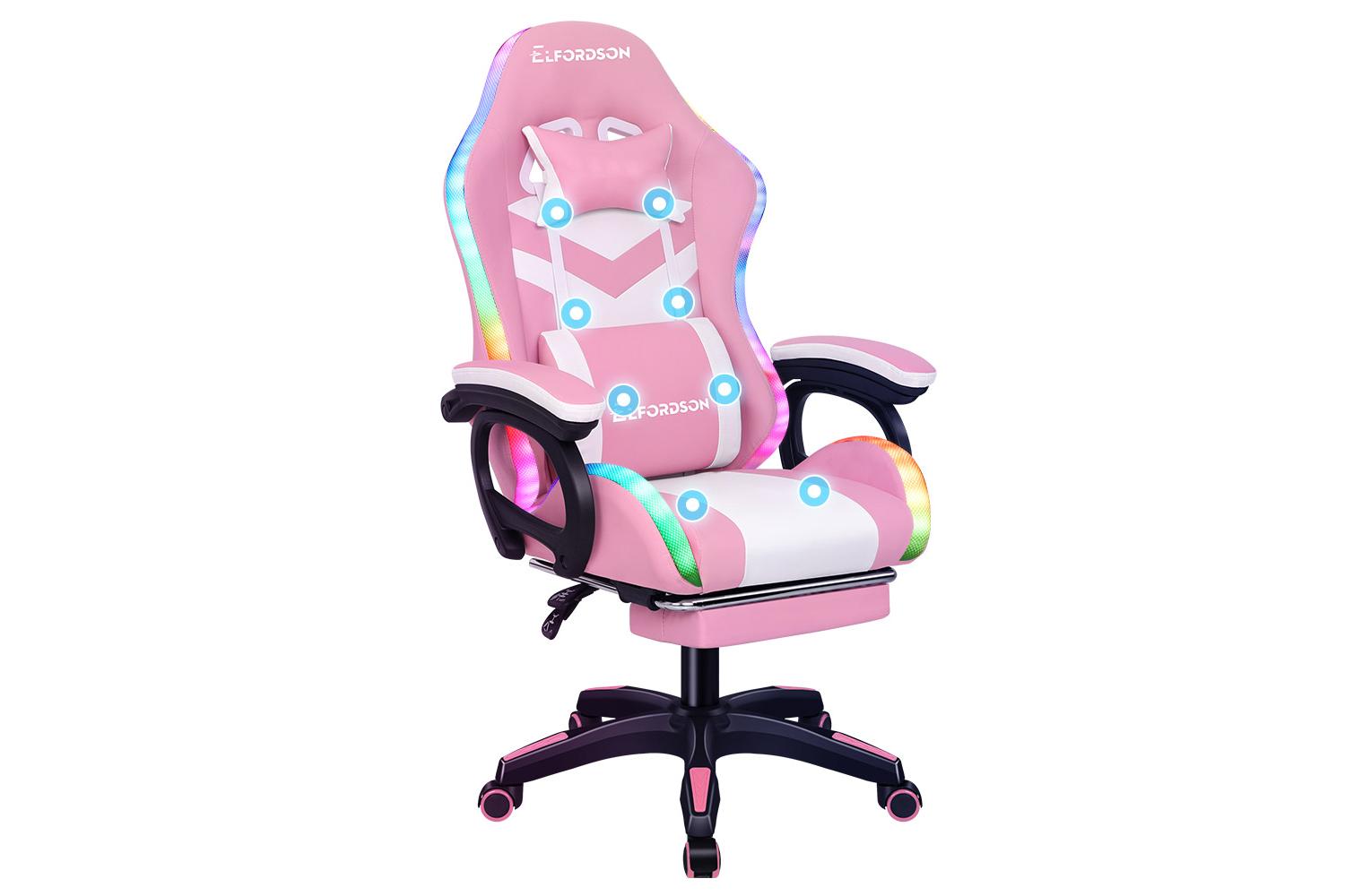 Elfordson LED Gaming Chair with 8-Point Massage | White/Pink