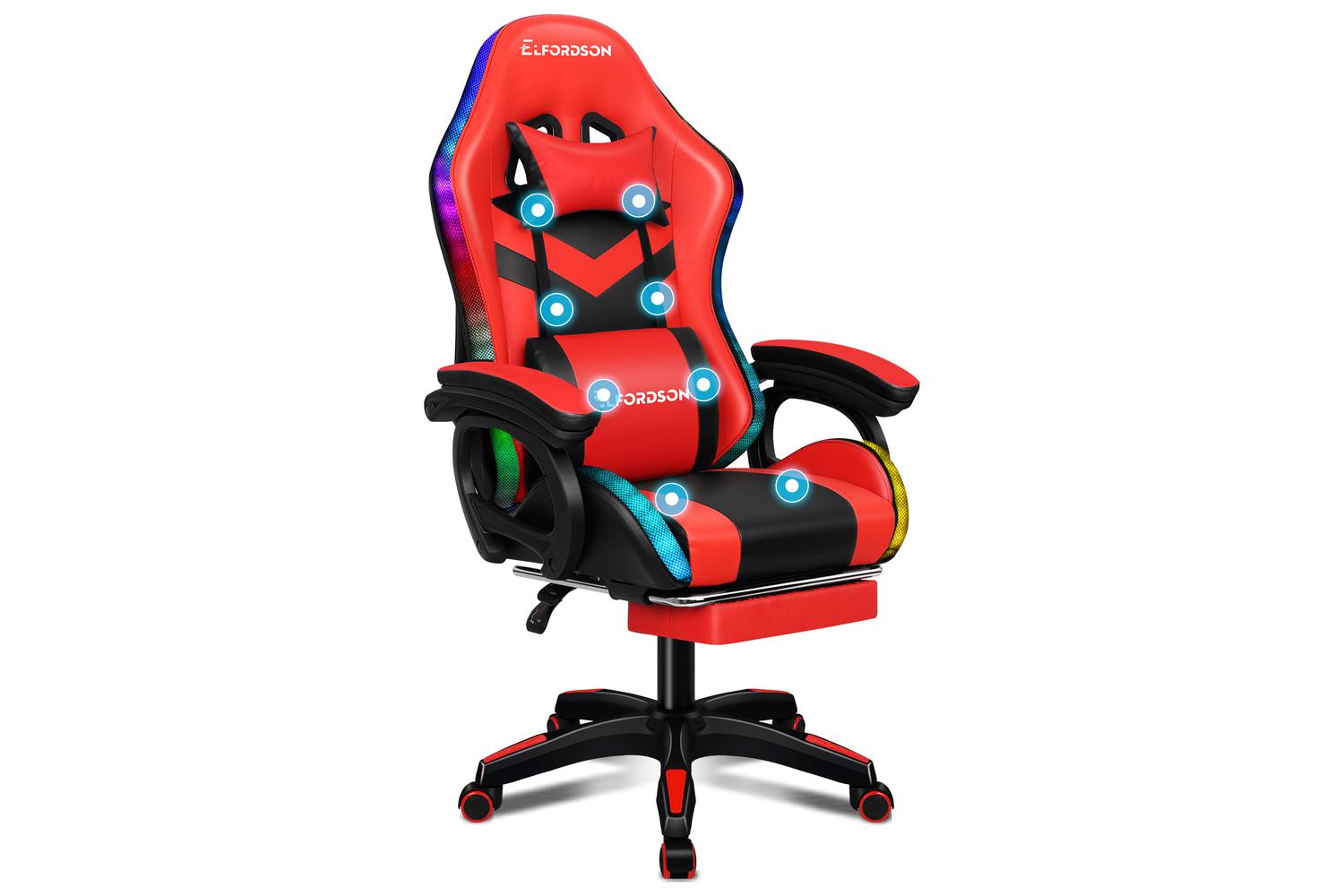 Elfordson LED Gaming Chair with 8-Point Massage | Black/Red