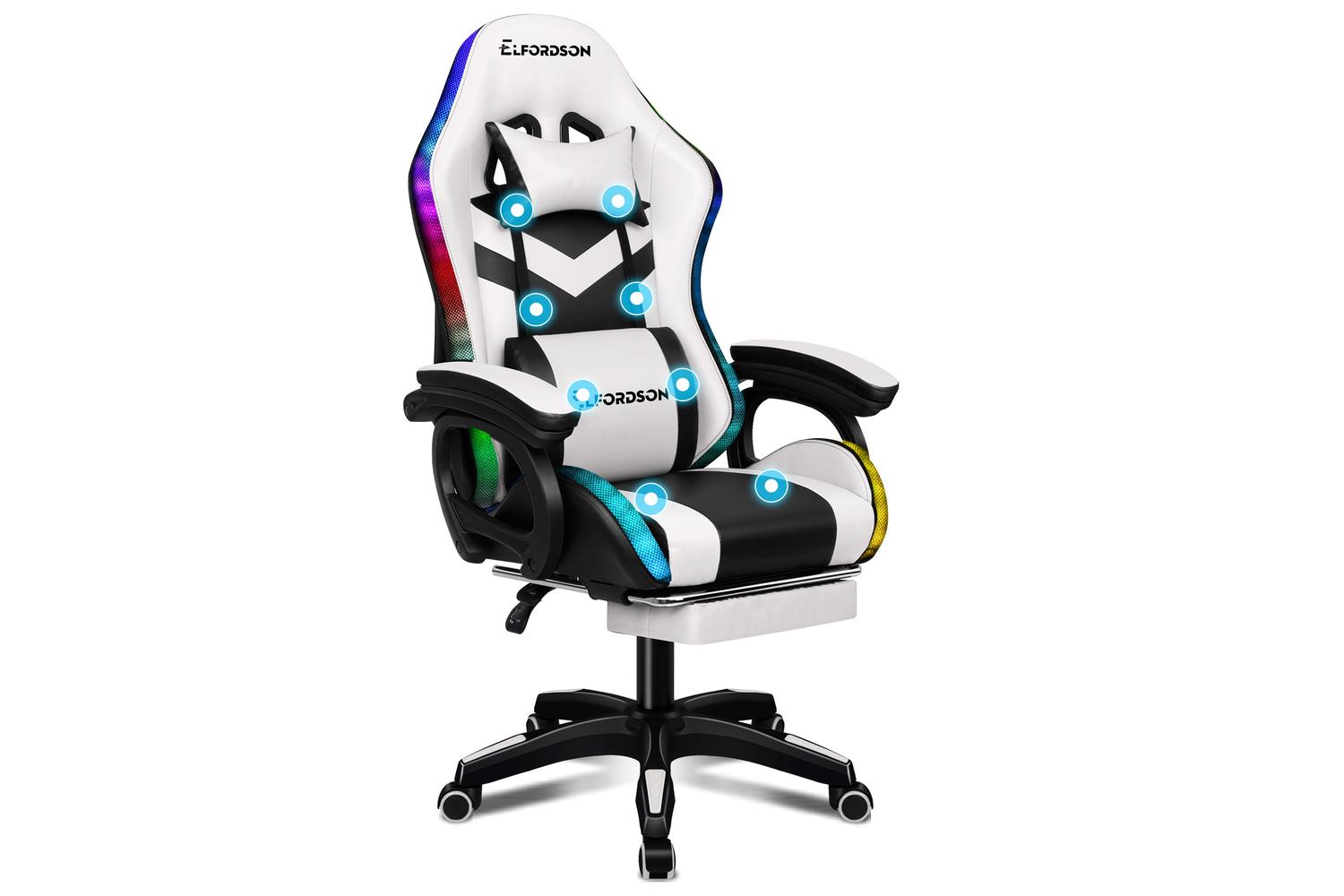 Elfordson LED Gaming Chair with 8-Point Massage | Black/White