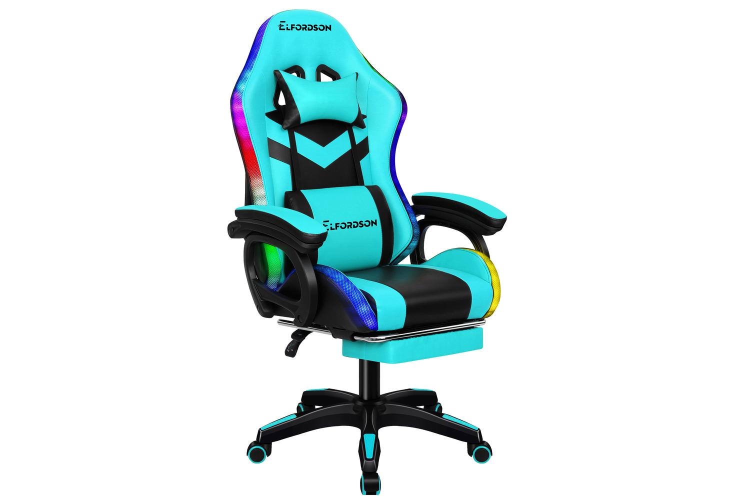 Elfordson LED Gaming Chair with 8-Point Massage | Black/Cyan