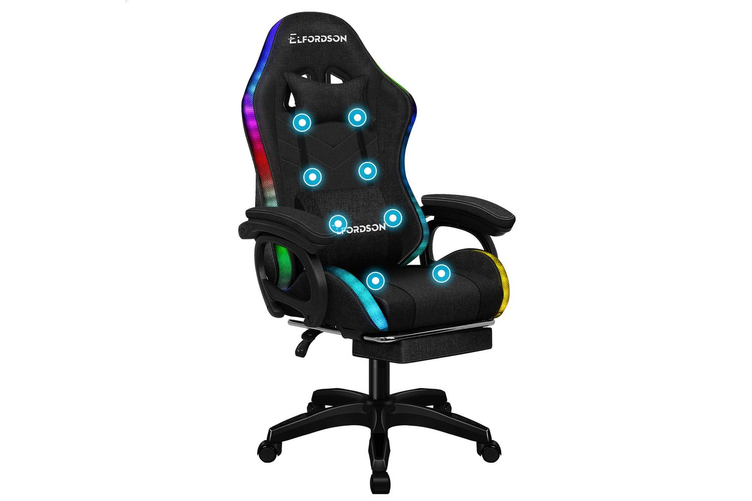Elfordson LED Gaming Chair with 8-Point Massage | Black