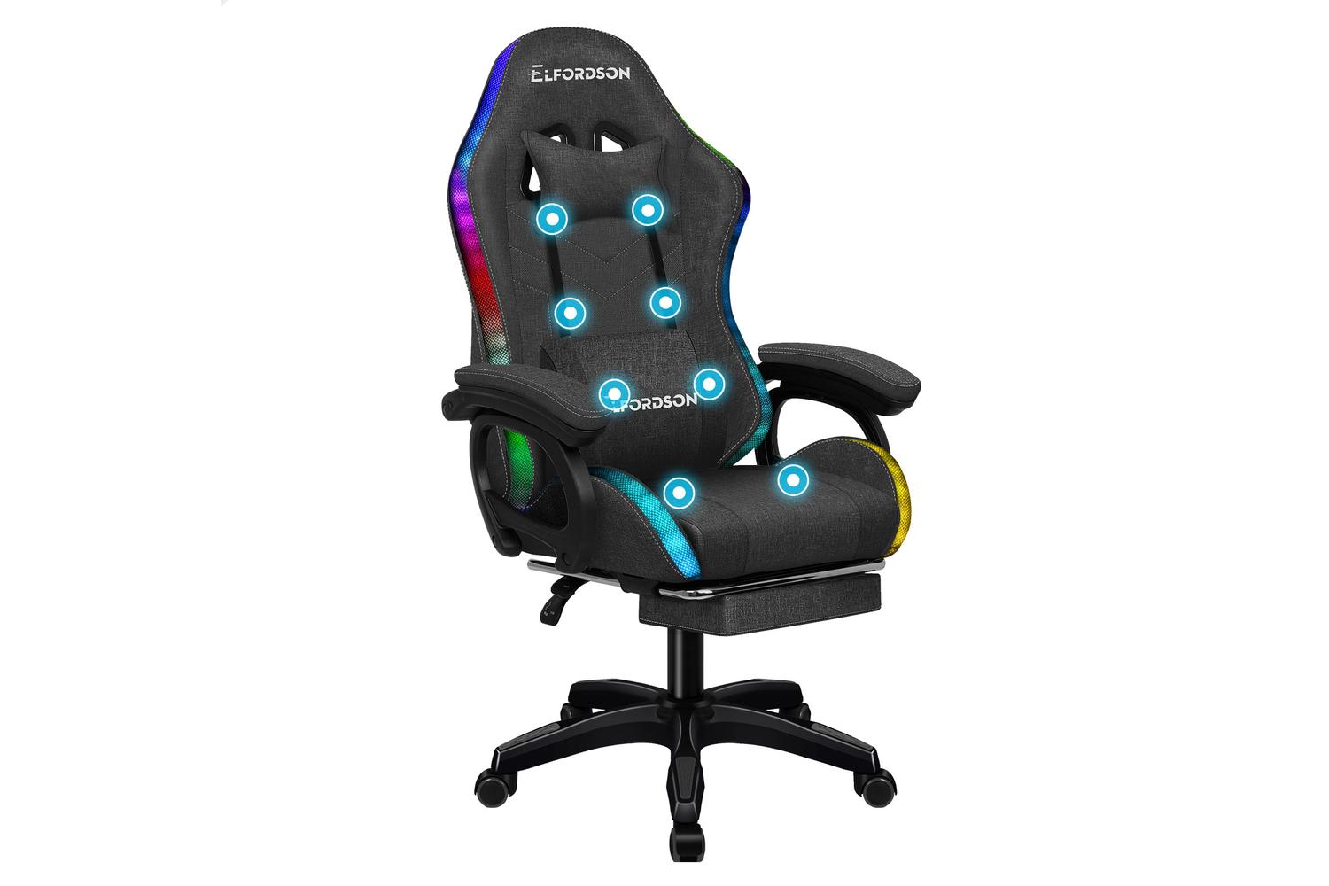 Elfordson LED Gaming Chair with 8-Point Massage | Dark Grey