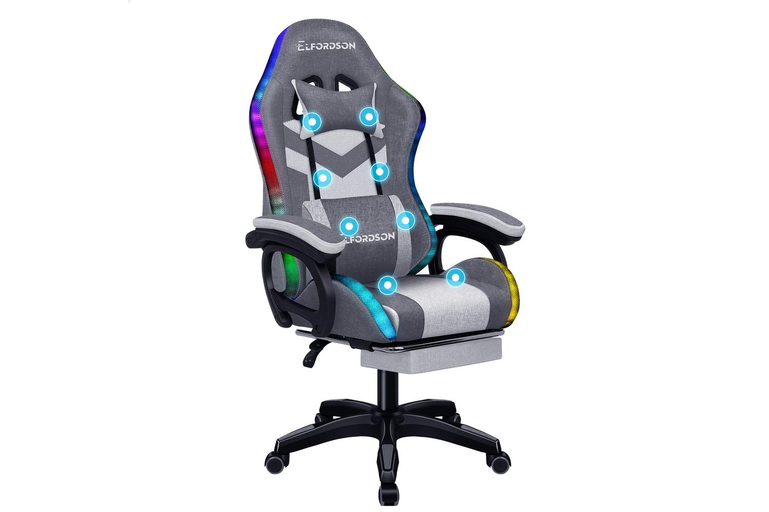 Elfordson LED Gaming Chair with 8-Point Massage | Grey