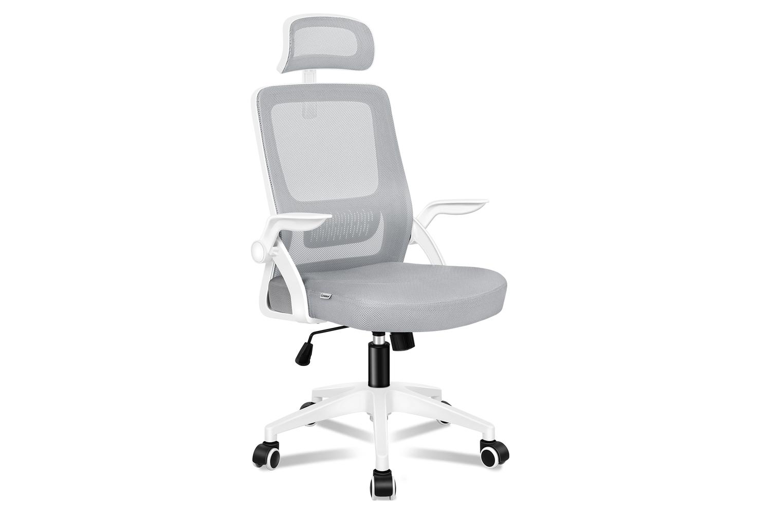 Elfordson Home Office Chair with Flip-Up Armrests | White/Grey