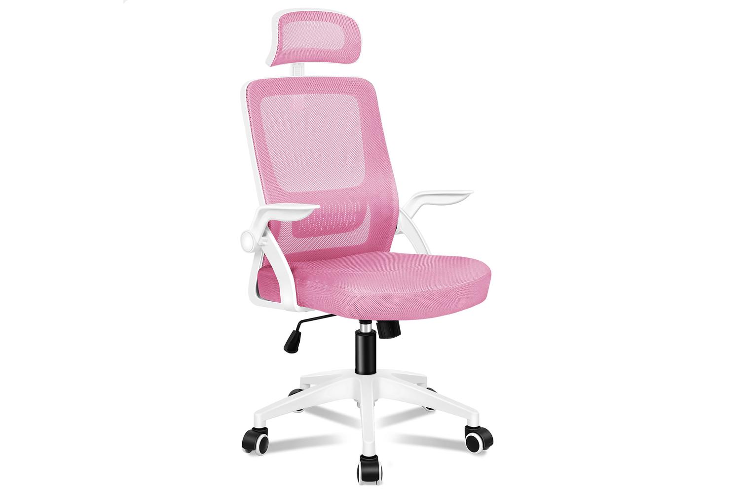Elfordson Home Office Chair with Flip-Up Armrests | Pink/White