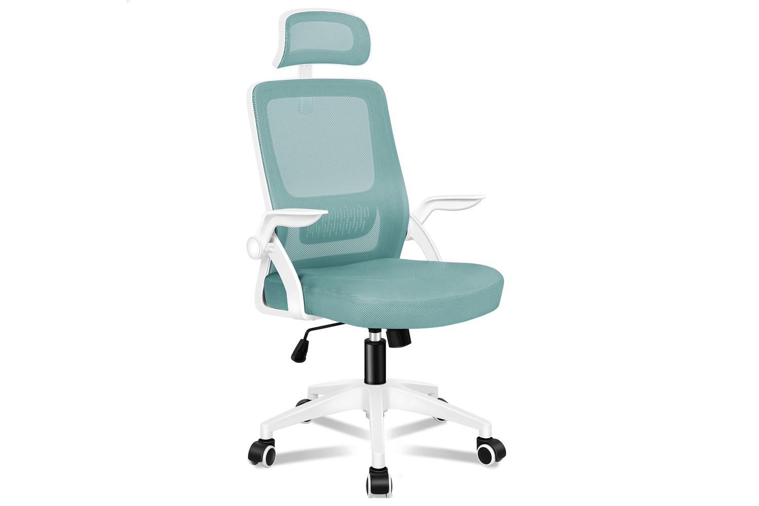 Elfordson Home Office Chair with Flip-Up Armrests | Cyan/White