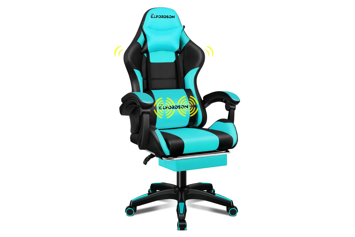 Elfordson Massage Gaming Chair with XL Lumbar Cushion | Cyan/Black