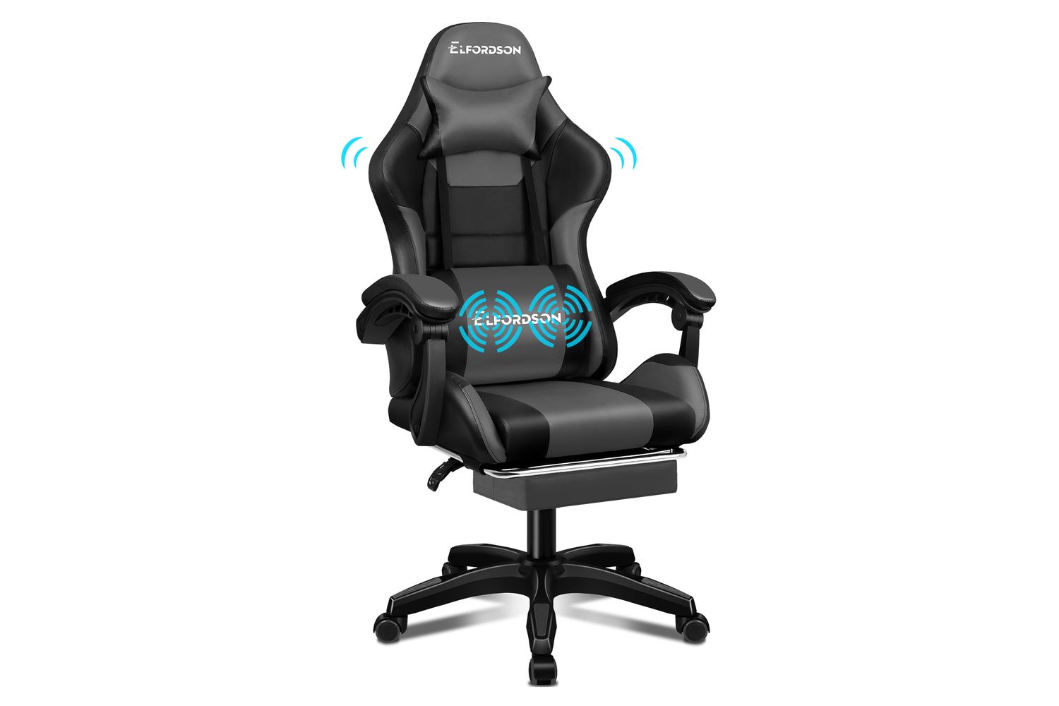 Elfordson Massage Gaming Chair with XL Lumbar Cushion | Grey/Black