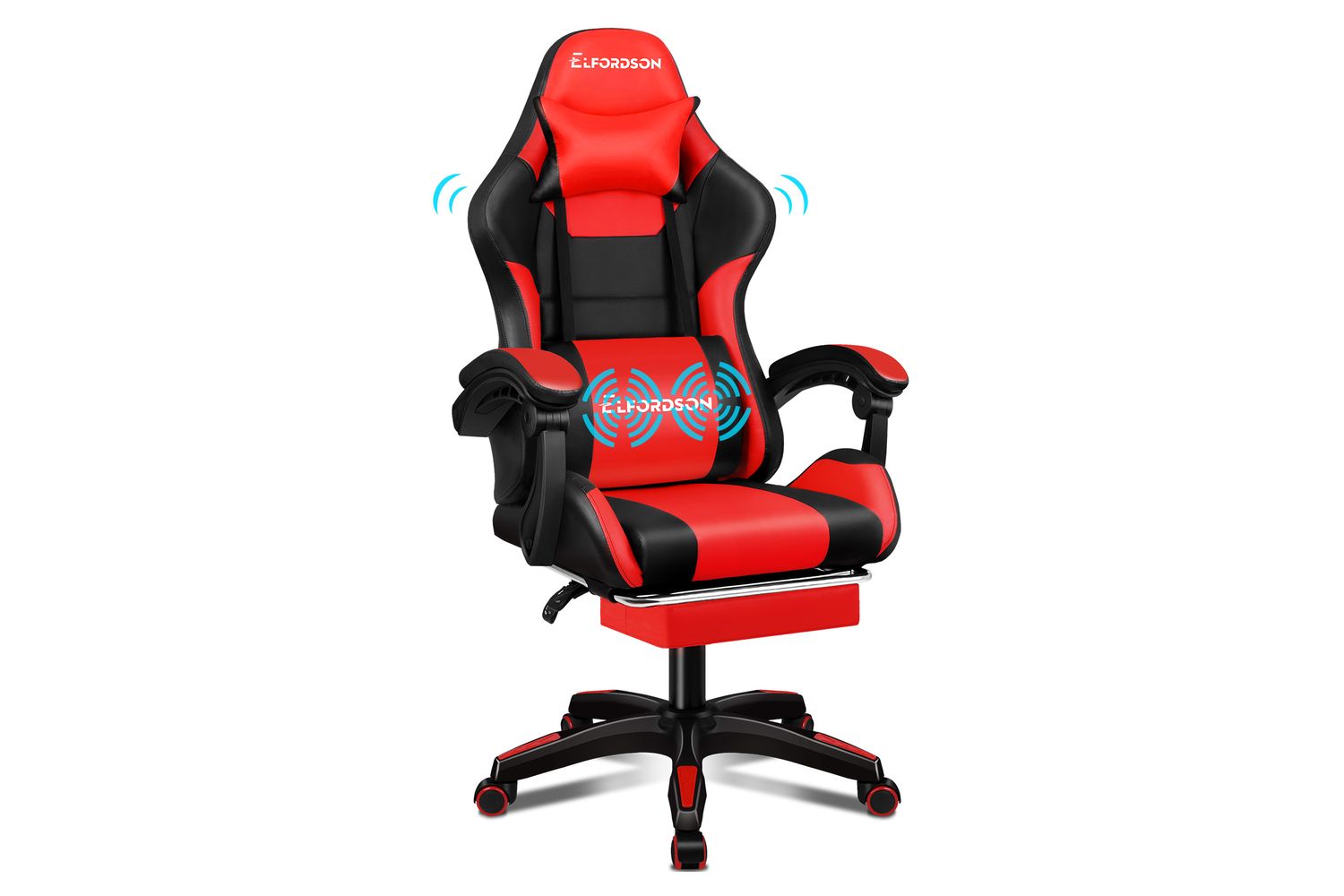 Elfordson Massage Gaming Chair with XL Lumbar Cushion | Red/Black