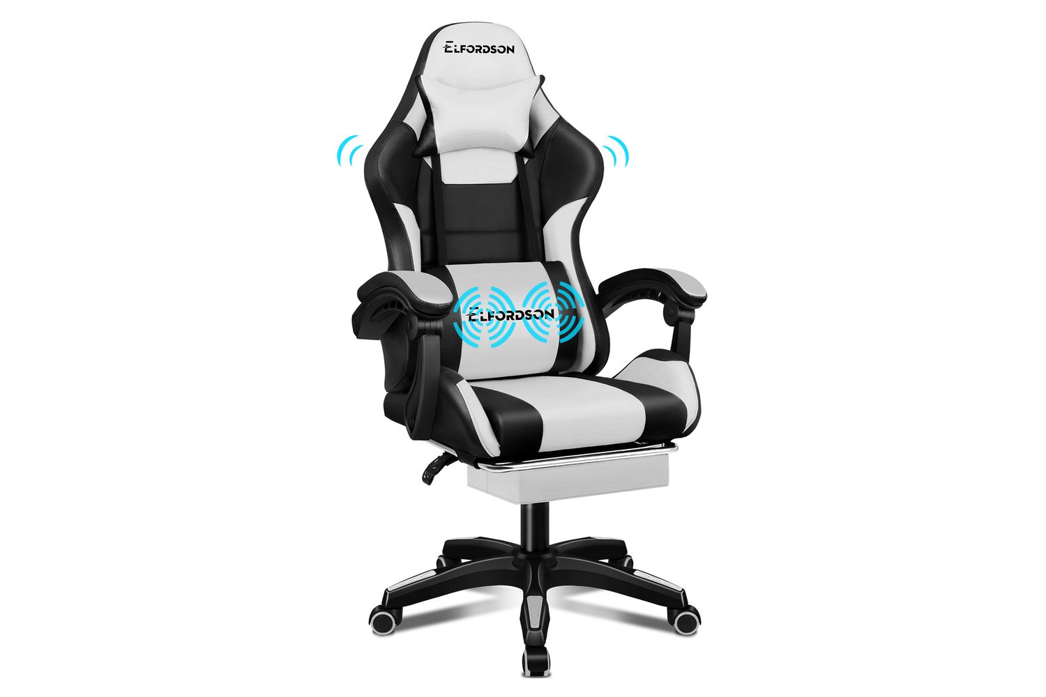 Elfordson Massage Gaming Chair with XL Lumbar Cushion | White/Black