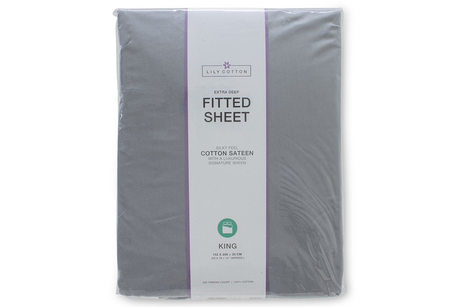 Lily Cotton | 200 Thread Count Sateen Fitted Sheet | Grey | King