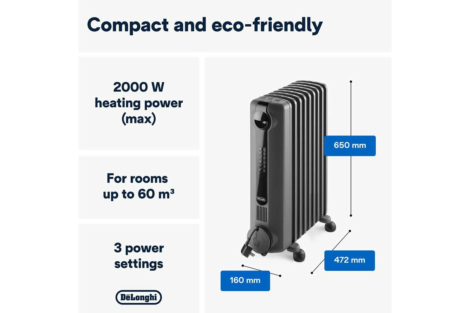 DeLonghi 2KW Oil Filled Radiator Grey Ireland - Main Image