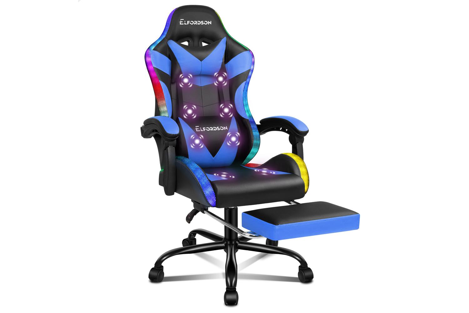 Elfordson Led 8-Point Massage Gaming Chair with Lumbar Cushion | Blue