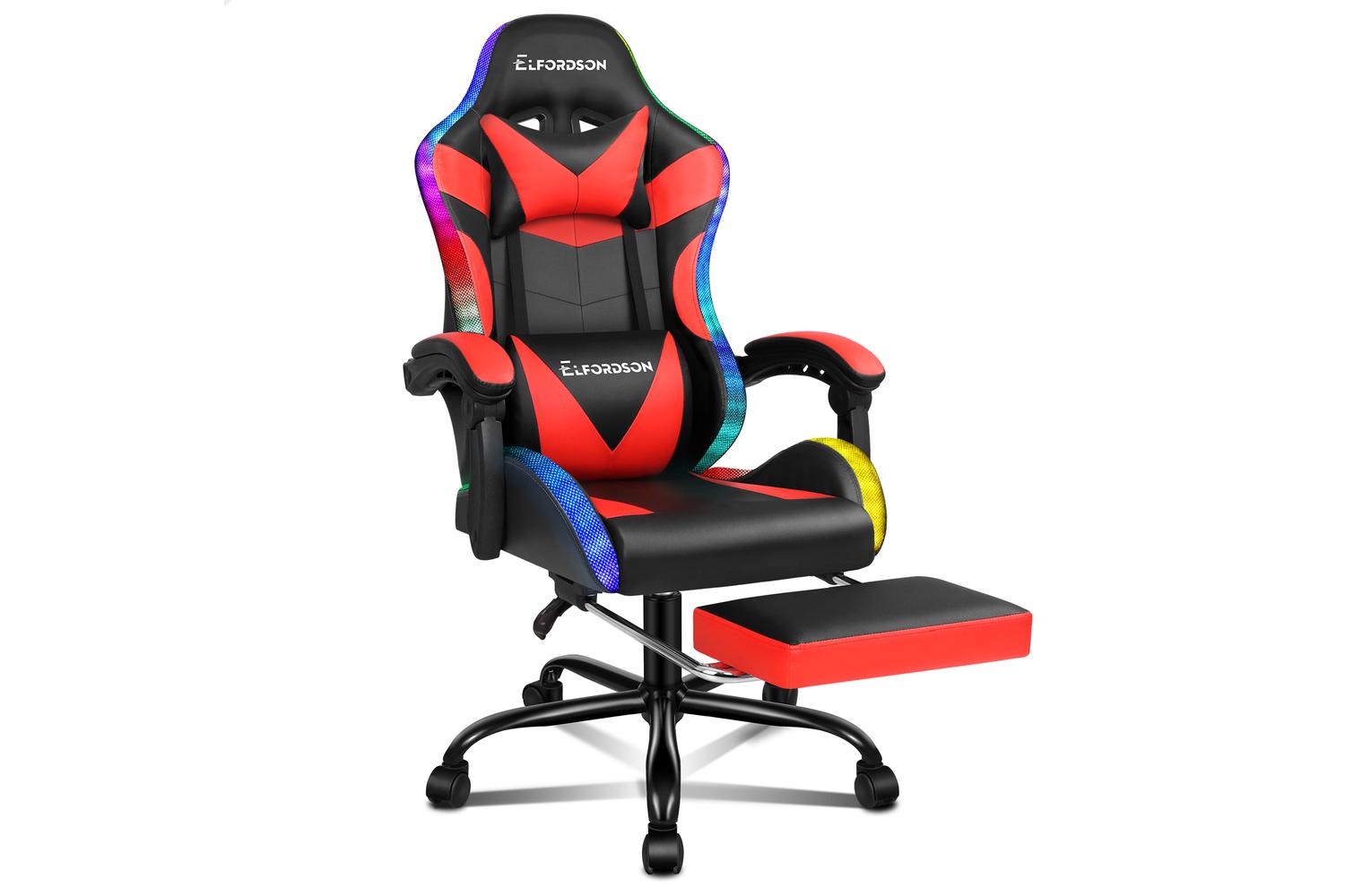 Elfordson Led 8-Point Massage Gaming Chair with Lumbar Cushion | Red