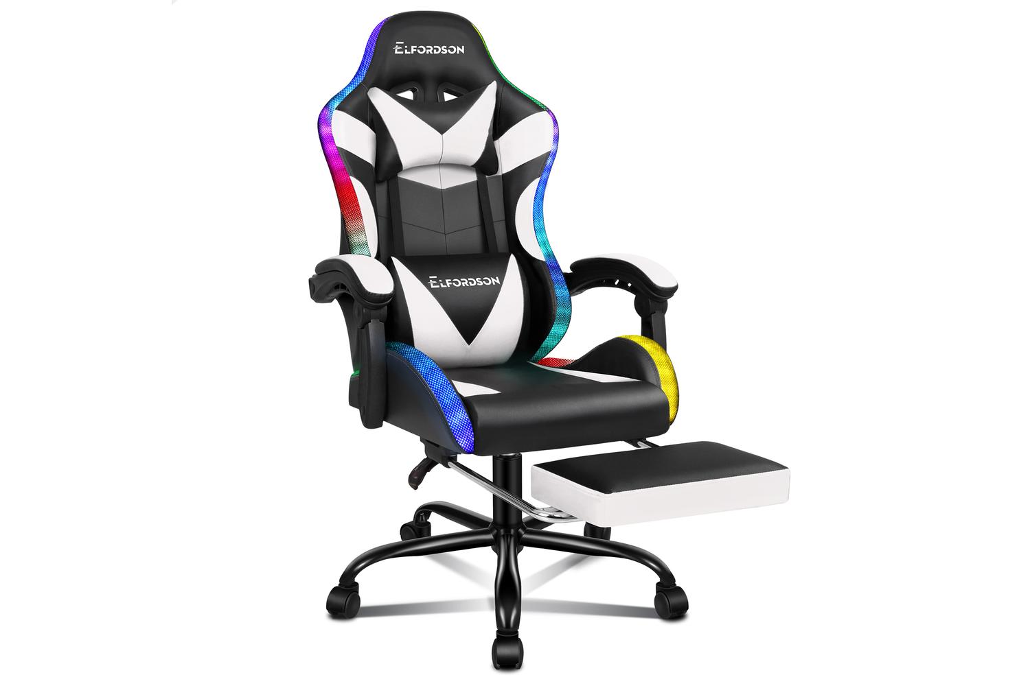 Elfordson 8-Point Massage Led Gaming Chair with Lumbar Cushion | White
