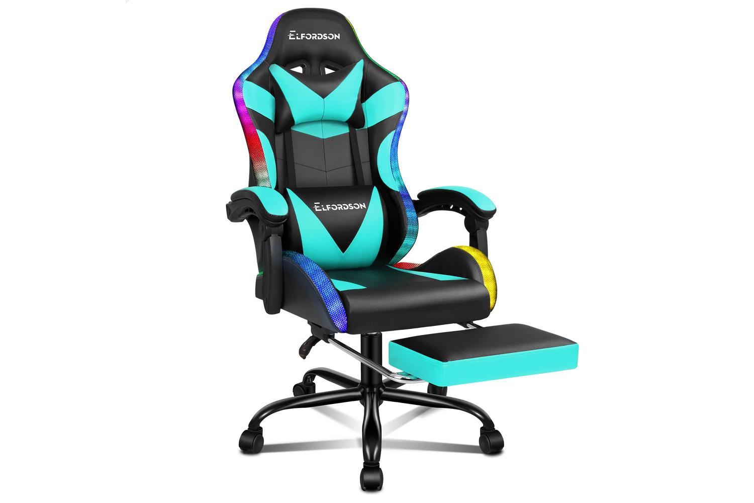Elfordson Led Gaming Chair with 8-point Massage | Cyan