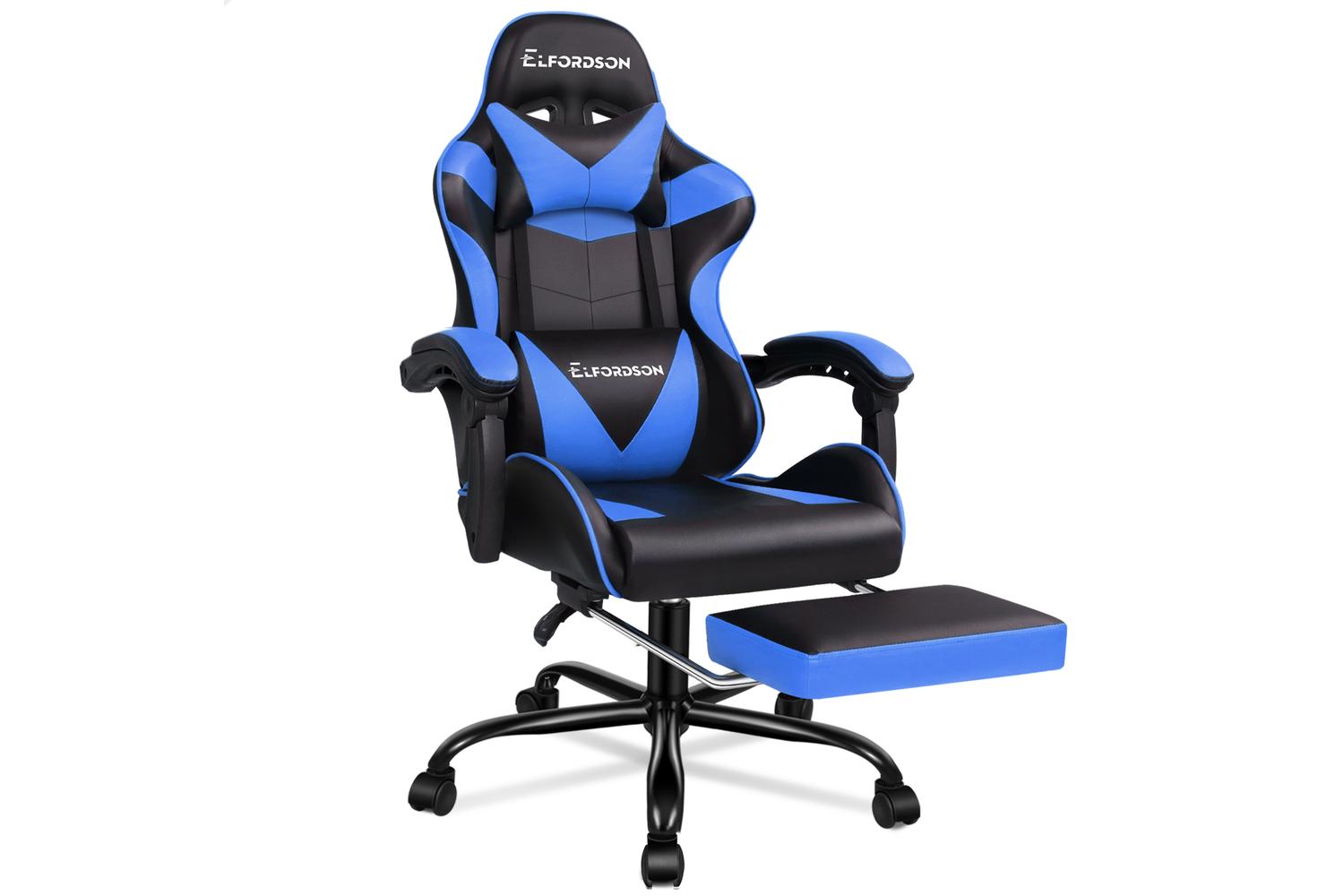 Elfordson Massage Gaming Chair with Lumbar Cushion | Blue