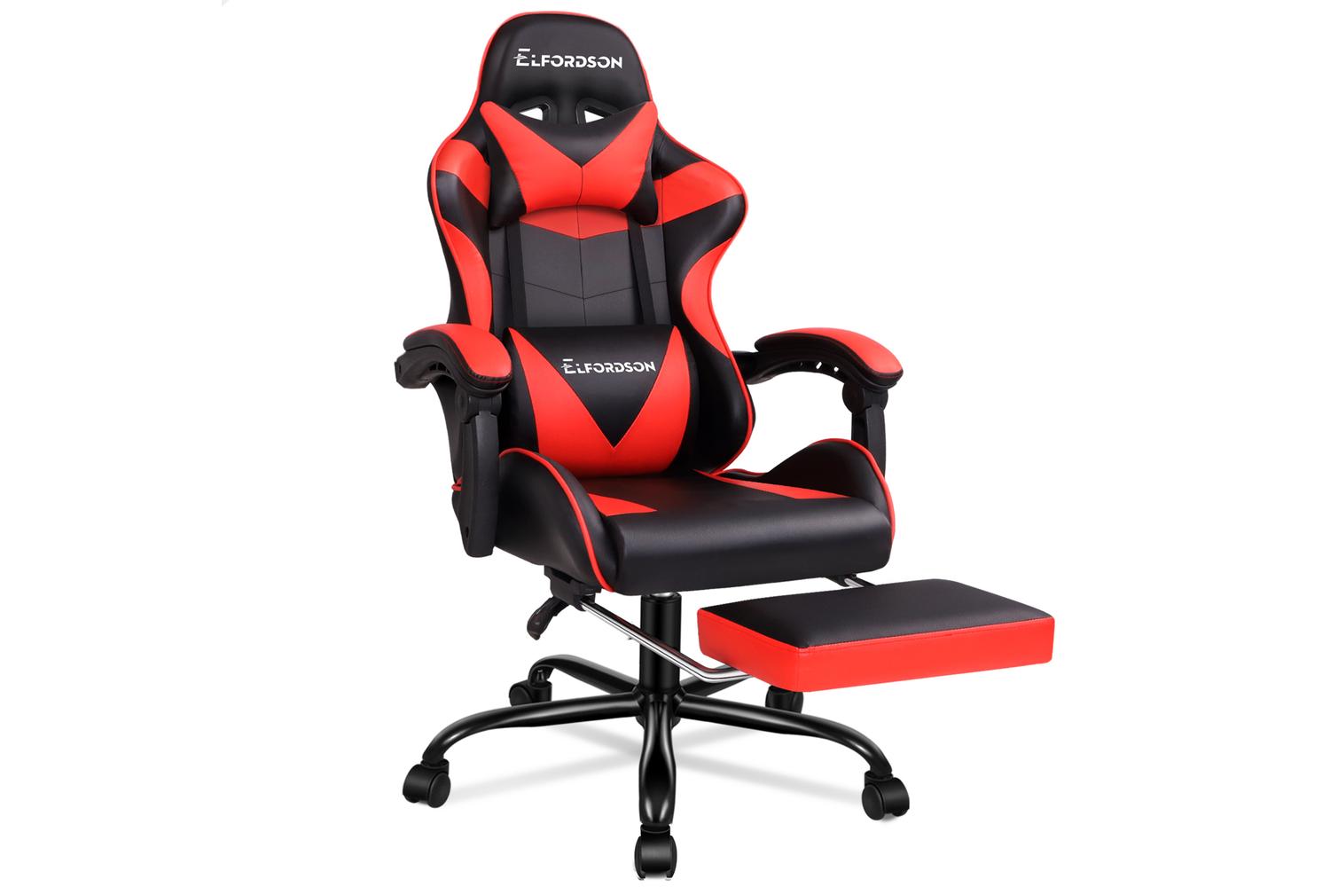 Elfordson 2-Point Massage Gaming Chair with Lumbar Cushion | Red